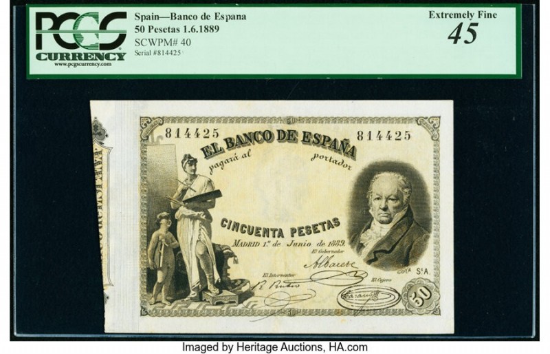 Spain Banco de Espana 50 Pesetas 1.6.1889 Pick 40 PCGS Extremely Fine 45. All ba...