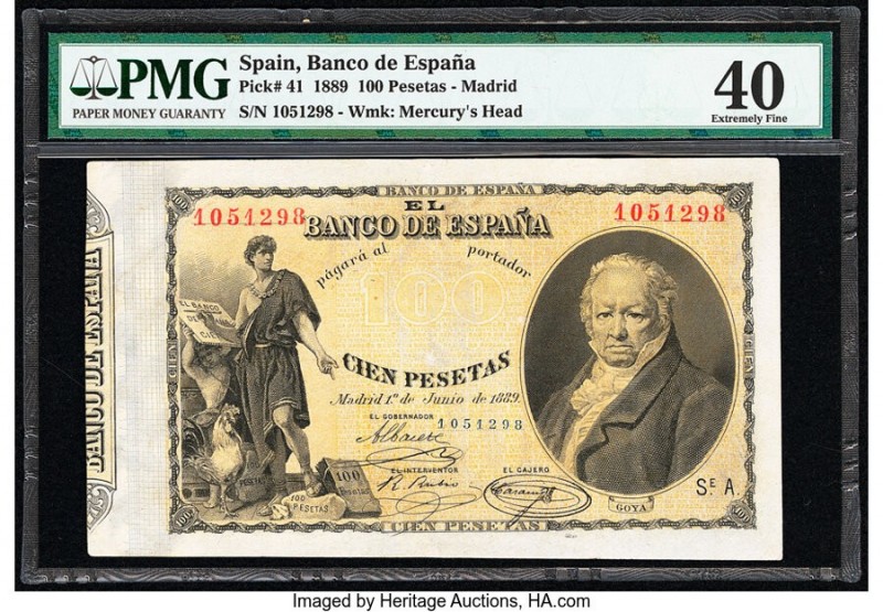 Spain Banco de Espana 100 Pesetas 1.6.1889 Pick 41 PMG Extremely Fine 40. Very f...