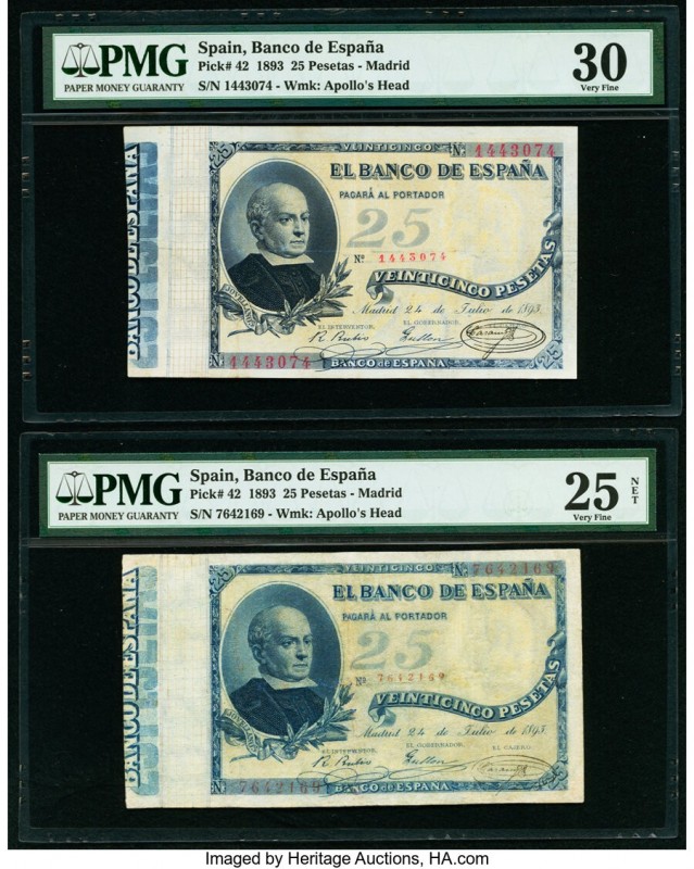 Spain Banco de Espana 25 Pesetas 24.7.1893 Pick 42 Two Examples PMG Very Fine 30...