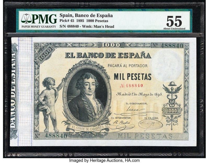 Spain Banco de Espana 1000 Pesetas 1.5.1895 Pick 45 PMG About Uncirculated 55. T...