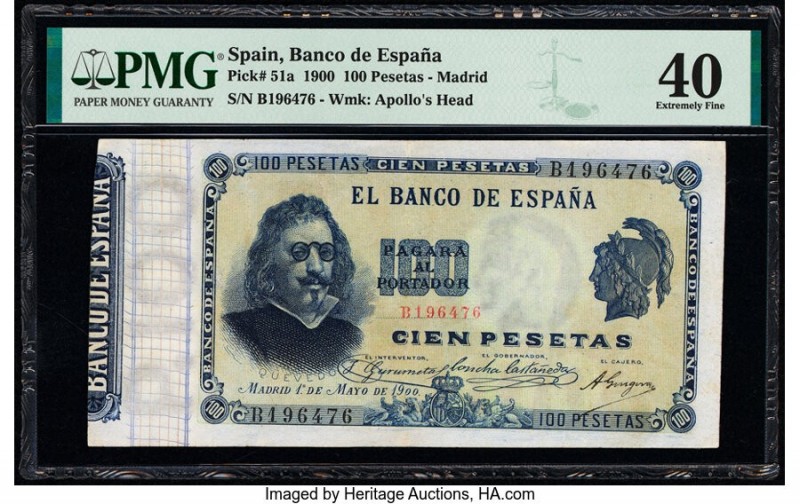 Spain Banco de Espana 100 Pesetas 1.5.1900 Pick 51a PMG Extremely Fine 40. Splen...