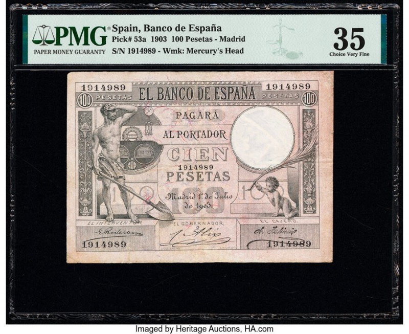 Spain Banco de Espana 100 Pesetas 1.7.1903 Pick 53a PMG Choice Very Fine 35. Rar...