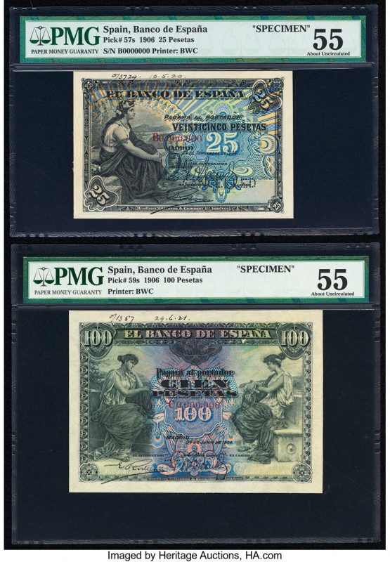 Spain Banco de Espana 25; 100 Pesetas 24.9.1906; 30.6.1906 Pick 57s; 59s Specime...