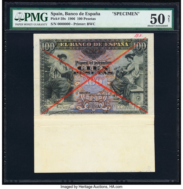 Spain Banco de Espana 100 Pesetas 30.6.1906 Pick 59s Specimen PMG About Uncircul...