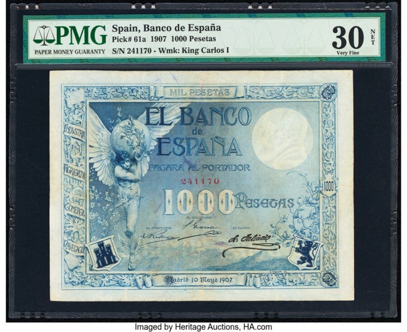 Spain Banco de Espana 1000 Pesetas 10.5.1907 Pick 61a PMG Very Fine 30 Net. With...