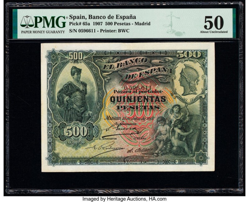 Spain Banco de Espana 500 Pesetas 15.7.1907 Pick 65a PMG About Uncirculated 50. ...