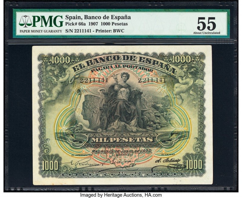 Spain Banco de Espana 1000 Pesetas 15.7.1907 Pick 66a PMG About Uncirculated 55....