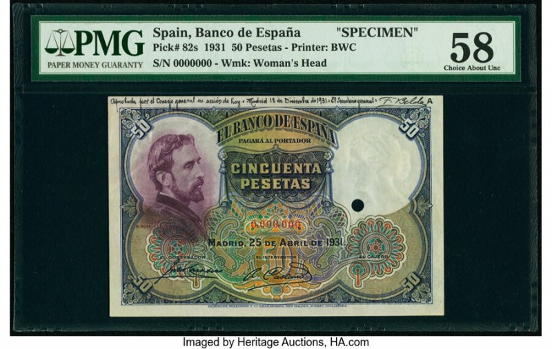 Spain Banco de Espana 50 Pesetas 25.4.1931 Pick 82s Specimen PMG Choice About Un...