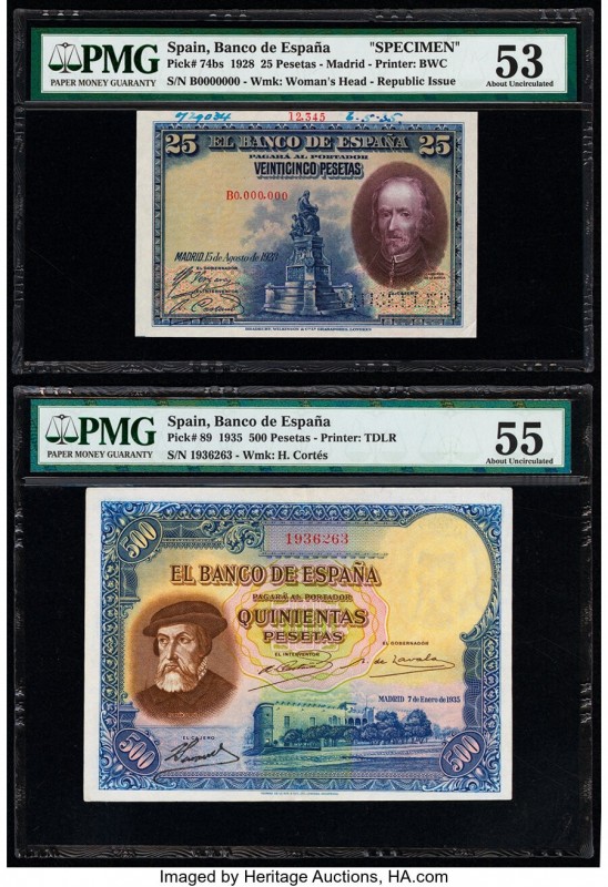 Spain Banco de Espana 25; 500 Pesetas 15.8.1928; 7.1.1935 Pick 74bs; 89 Specimen...