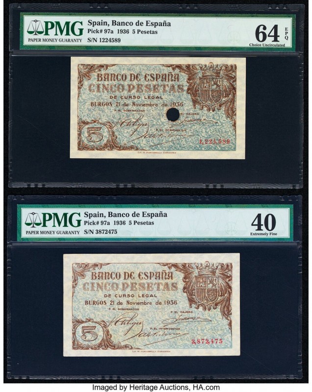 Spain Banco de Espana 5 Pesetas 21.11.1936 Pick 97a Two Examples PMG Choice Unci...