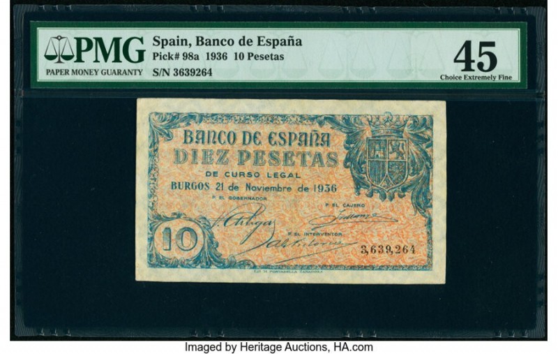 Spain Banco de Espana 10 Pesetas 21.11.1936 Pick 98a PMG Choice Extremely Fine 4...