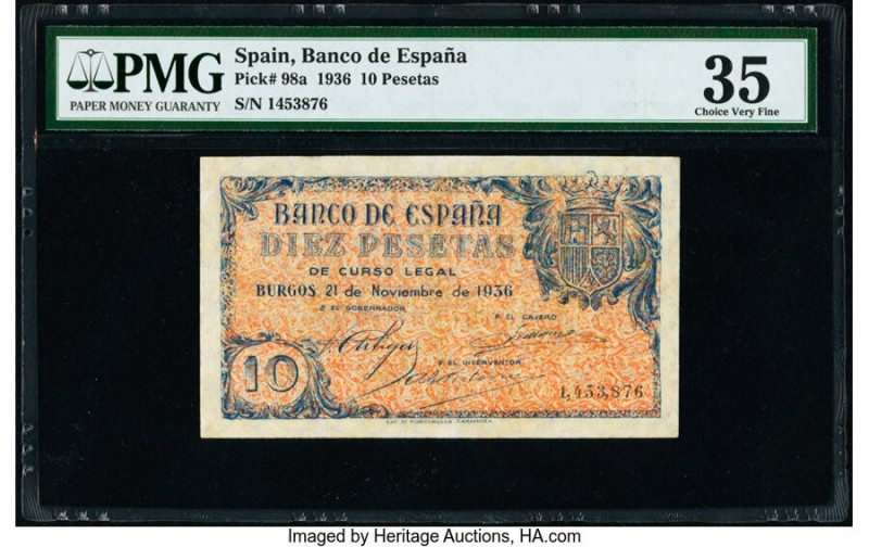 Spain Banco de Espana 10 Pesetas 21.11.1936 Pick 98a PMG Choice Very Fine 35. Th...