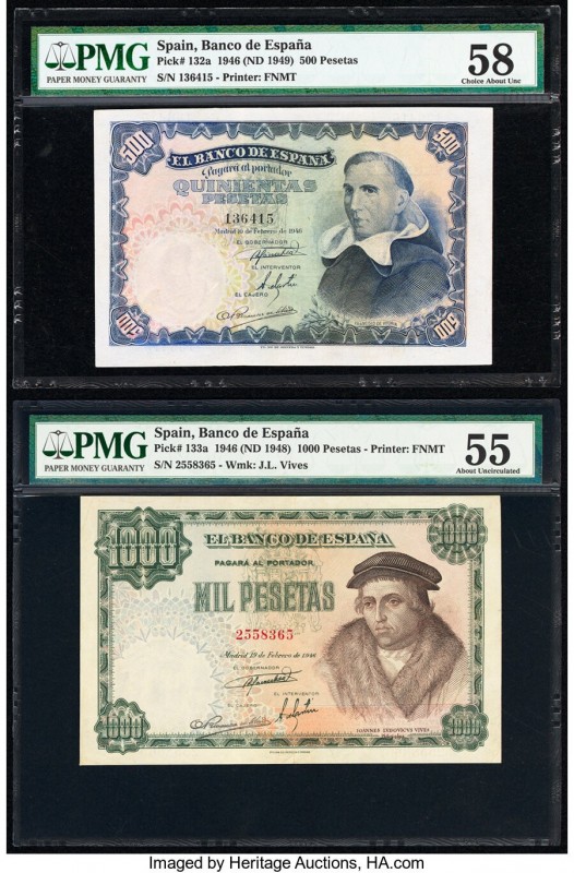 Spain Banco de Espana 500; 1000 Pesetas 1946 (ND 1949); 1946 (ND 1948) Pick 132a...