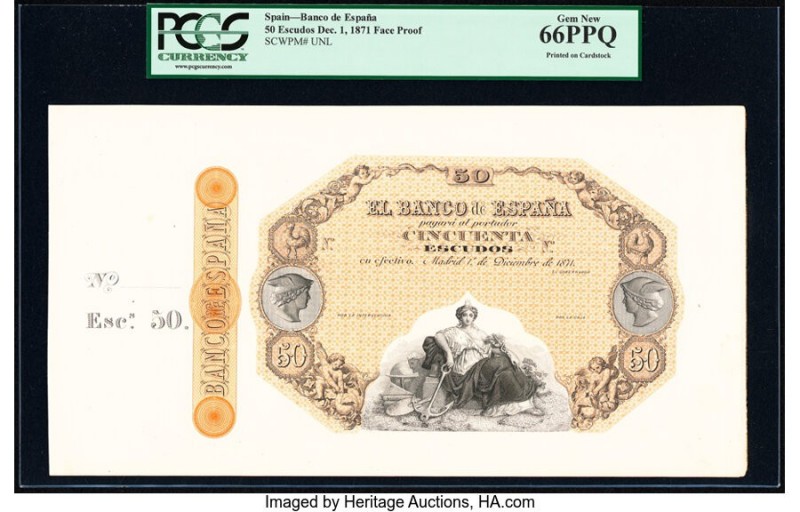 Spain Banco de Espana 50 Escudos 1.12.1871 Pick UNL Face Proof PCGS Gem New 66PP...