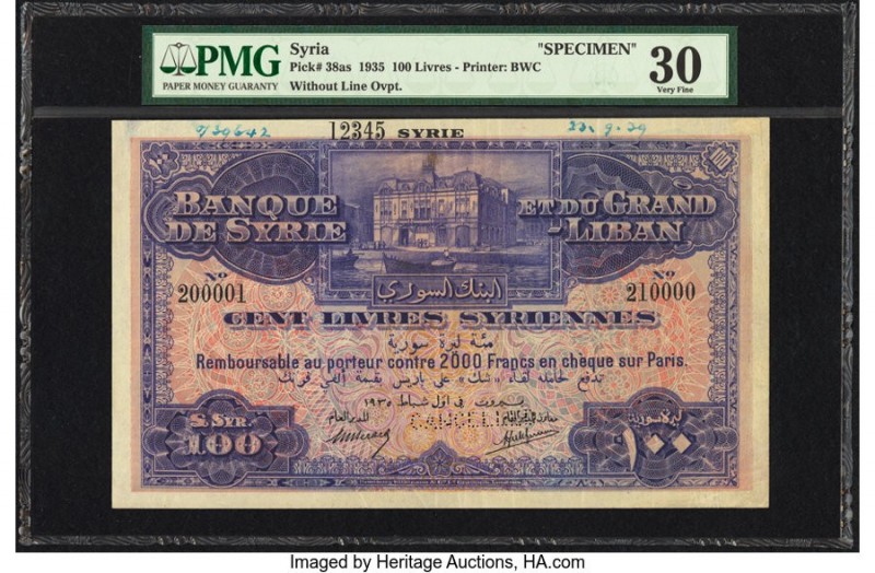 Syria Banque de Syrie et du Grand-Liban 100 Livres 1935 Pick 38s Specimen PMG Ve...