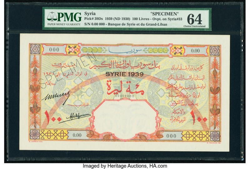 Syria Banque de Syrie et du Grand-Liban 100 Livres ND (1930) Pick 39Ds Specimen ...