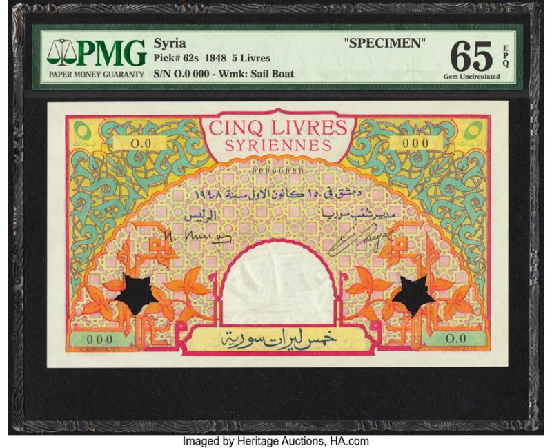 Syria Banque de Syrie et du Liban 5 Livres 1948 Pick 62s Specimen PMG Gem Uncirc...