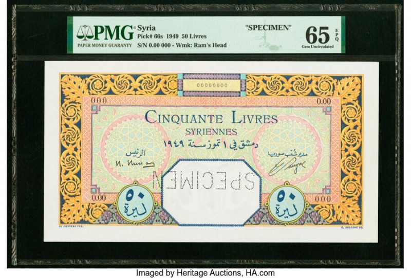 Syria Banque de Syrie et du Liban 50 Livres 1949 Pick 66s Specimen PMG Gem Uncir...