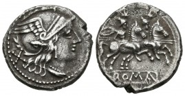 ACUÑACIONES ANONIMAS. Denario. (Ar. 4,01g/19mm). 205-203 a.C. Sur de Italia. (FFC 7; Crawford 44/5). Anv: Cabeza de Roma a derecha, delante X. Rev: Lo...