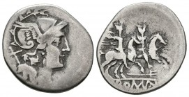 ACUÑACIONES ANONIMAS. Denario. (Ar. 3,22g/21mm). 200-190 a.C. Roma. (FFC 63; Crawford 115/1). Anv: Cabeza de Roma a derecha, detrás X. Rev: Los Dioscu...