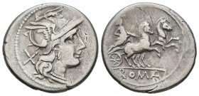ACUÑACIONES ANONIMAS. Denario. (Ar. 3,97g/20mm). 179-170 a.C. Roma. (FFC 75; Crawford 158/1). Anv: Cabeza de Roma a derecha, detrás X. Rev: Diana en b...