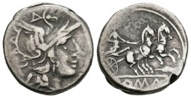 ACUÑACIONES ANONIMAS. Denario. (Ar. 3,95g/17mm). 179-170 a.C. Roma. (FFC 78; Crawford 163/1). Anv: Cabeza de Roma a derecha, detrás X. Rev: Diana en b...