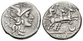 ACUÑACIONES ANONIMAS. Denario. (Ar. 3,65g/18mm). 143 a.C. Roma. (FFC 82; Crawford 222/1). Anv: Cabeza de Roma a derecha, detrás X. Rev: Diana en biga ...