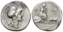 ACUÑACIONES ANONIMAS. Denario. (Ar. 3,82g/20mm). 115-114 d.C. Roma. (FFC 83; Crawford 287/1). Anv: Cabeza de Roma a derecha, detrás X, debajo leyenda:...