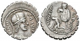 GENS AQUILLIA. Denario. (Ar. 3,81g/21mm). 71 a.C. Ceca incierta. (FFC 167; Crawford 401/1). Anv: Busto de Virtus a derecha, alrededor leyenda: III VIR...