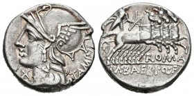 GENS BAEBIA. Denario. (Ar. 3,87g/18mm). 137 a.C. Roma. (FFC 200; Crawford 236/1e). Anv: Cabeza de Roma a izquierda, delante X, detrás leyenda: TAMPI. ...