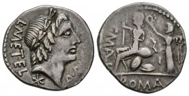 GENS CAECILIA. Denario. (Ar. 3,70g/19mm). 96 a.C. Taller auxiliar de Roma. (FFC 210; Crawford 335/1b). Anv: Cabeza laureada de Apolo a derecha, debajo...