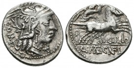 GENS CALIDIA. Denario. (Ar. 3,94g/20mm). 117-116 a.C. Norte de Italia. (FFC 223; Crawford 284/1a). Anv: Cabeza de Roma a derecha, delante estrella, de...