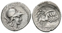 GENS CONSIDIA. Denario. (Ar. 4,04g/19mm). 46 a.C. Roma. (FFC 588; Crawford 465/5). Anv: Busto de Palas con casco corintio a derecha. Rev: Victoria en ...