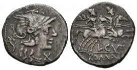 GENS CUPIENNIA. Denario. (Ar. 3,10g/18mm). 147 a.C. Roma. (FFC 665; Crawford 281/1). Anv: Cabeza de Roma a derecha, delante X, detrás cornucopia. Rev:...