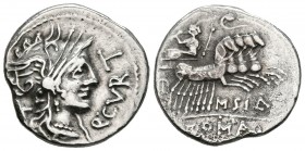 GENS CURTIA. Denario. (Ar. 3,28g/20mm). 116-115 a.C. Norte de Italia. (FFC 669; Crawford 285/2). Anv: Cabeza de Roma a derecha, detrás X, delante leye...