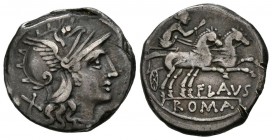 GENS DECIMIA. Denario. (Ar. 3,45g/18mm). 150 a.C. Roma. (FFC 673; Crawford 207/1). Anv: Cabeza de Roma a derecha, detrás X. Rev: Diana con látigo en b...