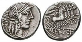 GENS FANNIA. Denario. (Ar. 3,94g/18mm). 123 a.C. Roma. (FFC 705; Crawford 275/1). Anv: Cabeza de Roma a derecha, delante X, detrás leyenda: ROMA. Rev:...