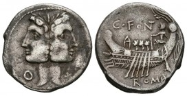 GENS FONTEIA. Denario. (Ar. 3,91g/19mm). 114-113 a.C. Sur de Italia. (FFC 713; Crawford 290/1). Anv: Cabeza bifronte de Fontus, hijo de Jano, debajo d...