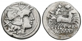 GENS FURIA. Denario. (Ar. 3,22g/17mm). 169-158 a.C. Taller auxiliar de Roma. (FFC 729; Crawford 187/1). Anv: Cabeza de Roma a derecha, detrás X. Rev: ...