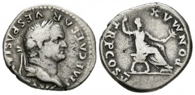 VESPASIANO. Denario. (Ar. 2,97g/19mm). 74 d.C. Roma. (RIC 702). Anv: Busto laureado de Vespasiano a derecha, alrededor leyenda: IMP CAESAR VESPASIANVS...