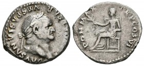 VESPASIANO. Denario. (Ar. 3,29g/19mm). 75 d.C. Roma. (RIC 772). Anv: Busto laureado de Vespasiano a derecha, alrededor leyenda: IMP CAESAR VESPASIANVS...