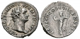 DOMICIANO. Denario. (Ar. 3,57g/19mm). 95-96 d.C. Roma. (RIC 789). Anv: Busto laureado de Domiciano a derecha, alrededor leyenda: IMP CAES DOMIT AVG GE...