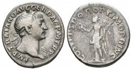 TRAJANO. Denario. (Ar. 3,02g/19mm). 110 d.C. Roma. (RIC 128). Anv: Busto laureado de Trajano a derecha con ligero drapeado en el hombro izquierdo, alr...