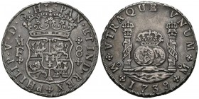 FELIPE V (1700-1746). 8 Reales. (Ar. 26,82g/39mm). 1739. México. MF. (Cal-2019-1453). MBC+/EBC-. Precioso tono.