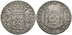 FELIPE V (1700-1746). 8 Reales. (Ar. 26,78g/39mm). 1747. México. MF. (Cal-2019-1472). MBC-/MBC. Rayitas de limpieza.