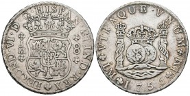 FERNANDO VI ( 1746-1759). 8 Reales. (Ar. 26,79g/38mm). 1756. Lima. JM. (Cal-2019-461). MBC. Limpiada.