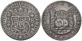 FERNANDO VI ( 1746-1759). 8 Reales. (Ar. 27,04g/38mm). 1758. Lima. JM. (Cal-2019-466). MBC+.