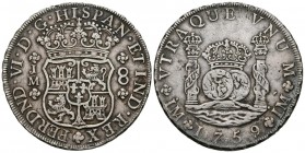 FERNANDO VI ( 1746-1759). 8 Reales. (Ar. 26,80g/38mm). 1759. Lima. JM. (Cal-2019-467). MBC+.