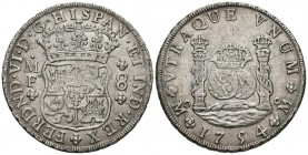 FERNANDO VI ( 1746-1759). 8 Reales. (Ar. 26,91g/39mm). 1754. México. MF. (Cal-2019-482). MBC+. Rayas en anverso.