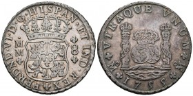FERNANDO VI ( 1746-1759). 8 Reales. (Ar. 26,84g/39mm). 1755. México. MM. (Cal-2019-489). Corona real e imperial sobre columnas. MBC+. Bonita pátina.